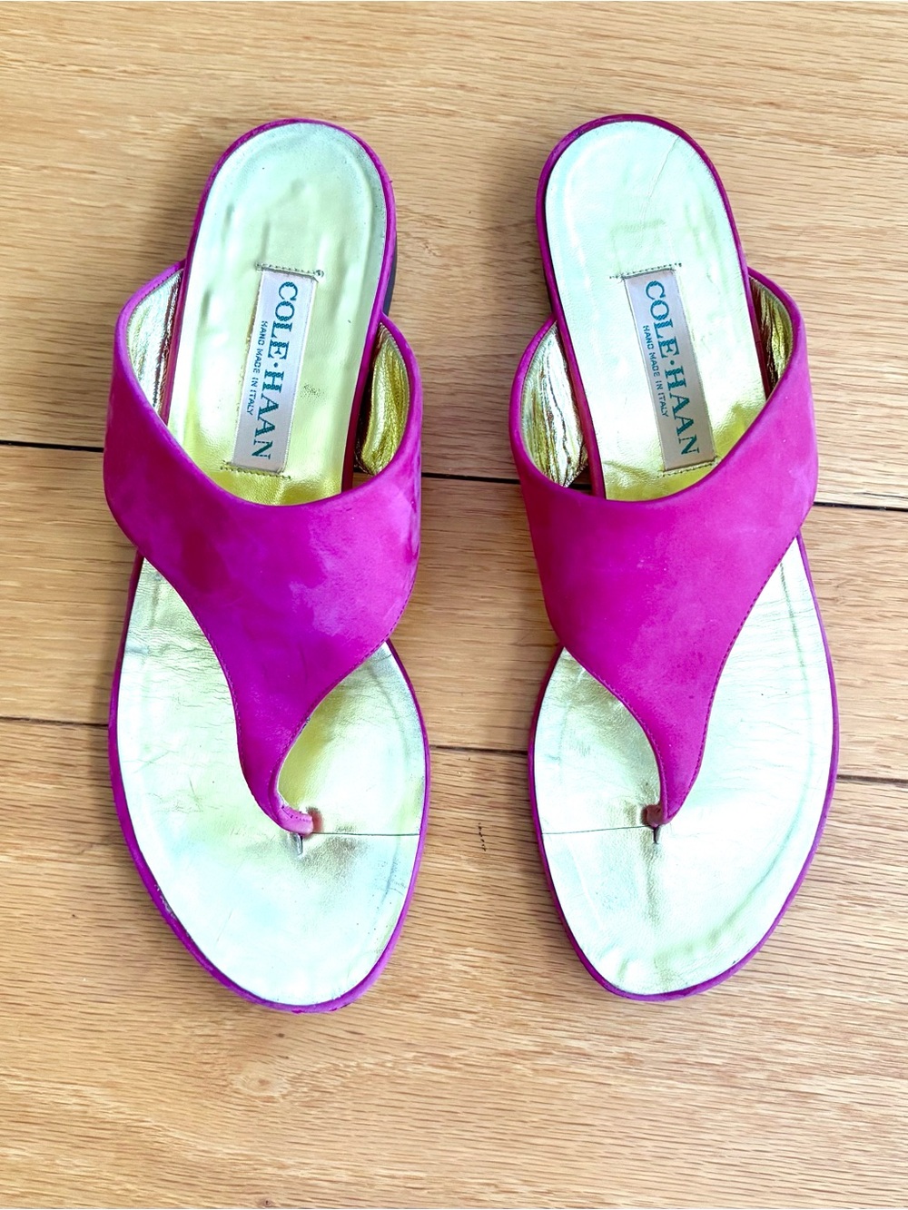 Cole Haan Pink Suede Thong Sandals with Gold Footbed